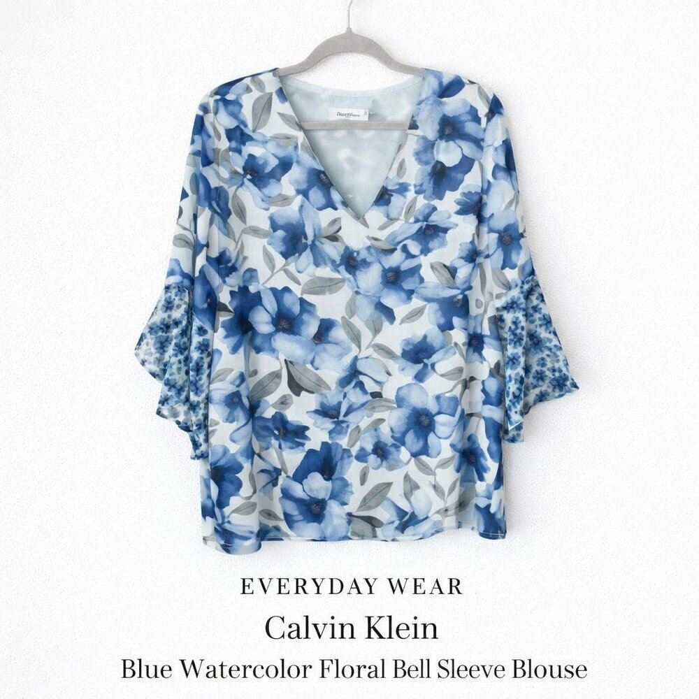 Calvin Klein Blue Watercolor Floral Sheer Bell Sleeve V-Neck Top L